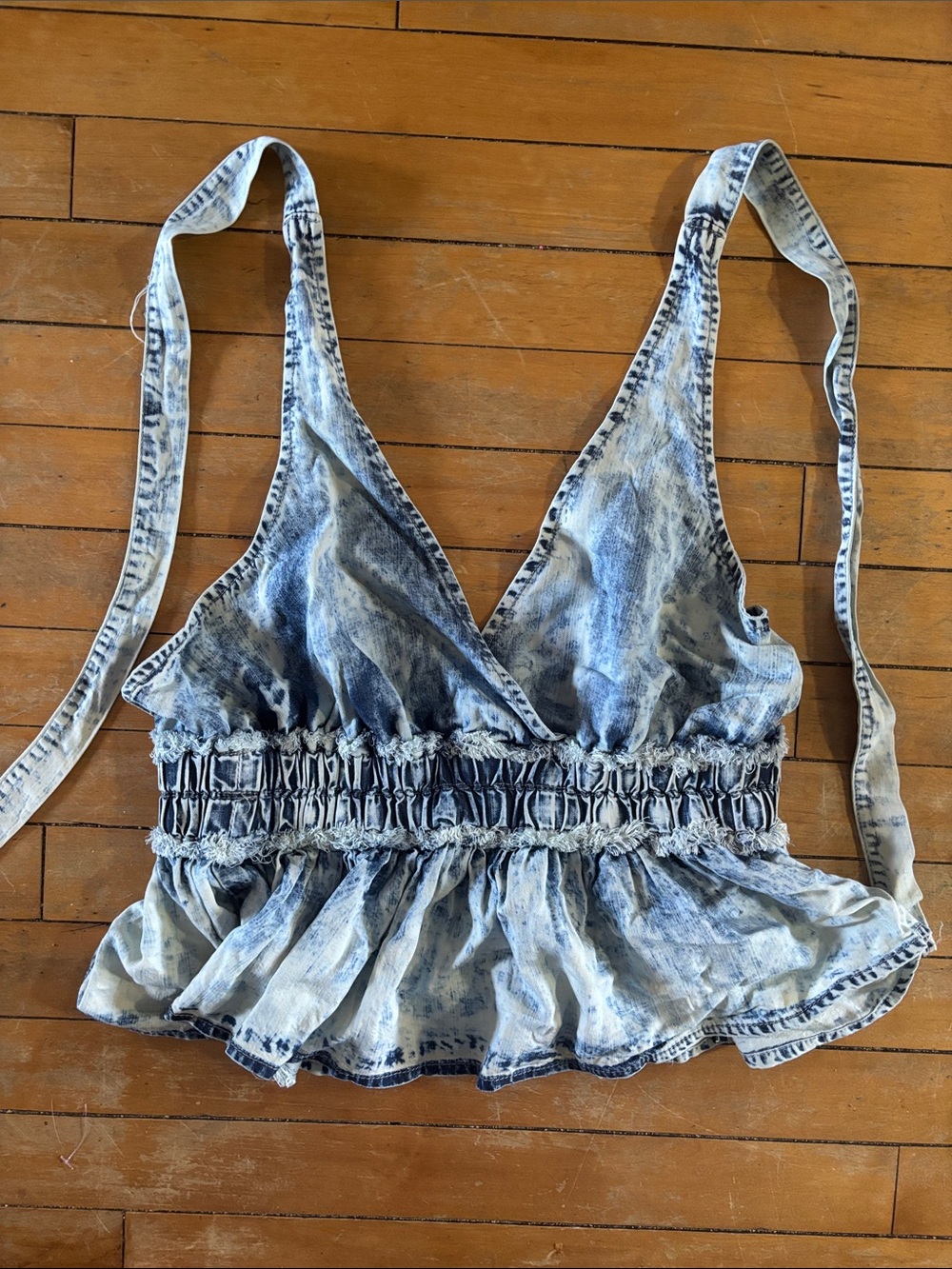 EUC Vintage Havana Blue Acid Wash Denim Smocked Peplum Crop Top